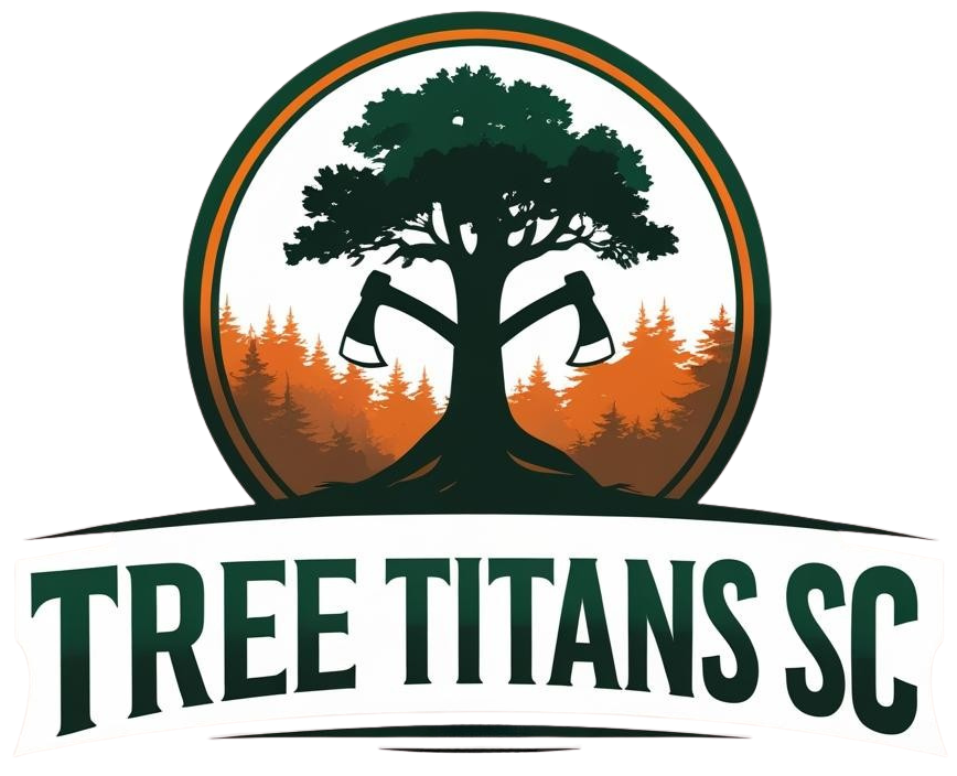 Logo: Tree with crossed axes, within a circle with forest background, "Tree Titans SC" text.