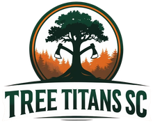 Logo: Tree with crossed axes, within a circle with forest background, "Tree Titans SC" text.