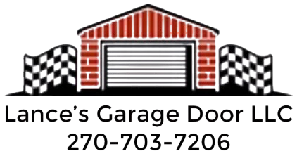 Logo for Lance's Garage Door LLC: garage door with red brick facade, checkered flags, and phone number.