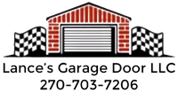 Logo for Lance's Garage Door LLC: garage door with red brick facade, checkered flags, and phone number.