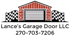 Logo for Lance's Garage Door LLC: garage door with red brick facade, checkered flags, and phone number.
