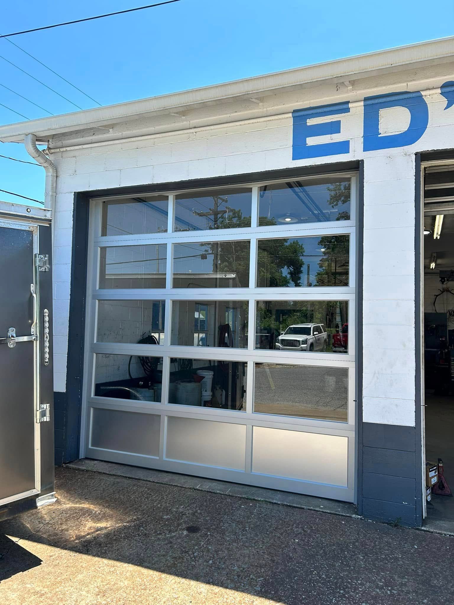 Glass garage door at a shop with 