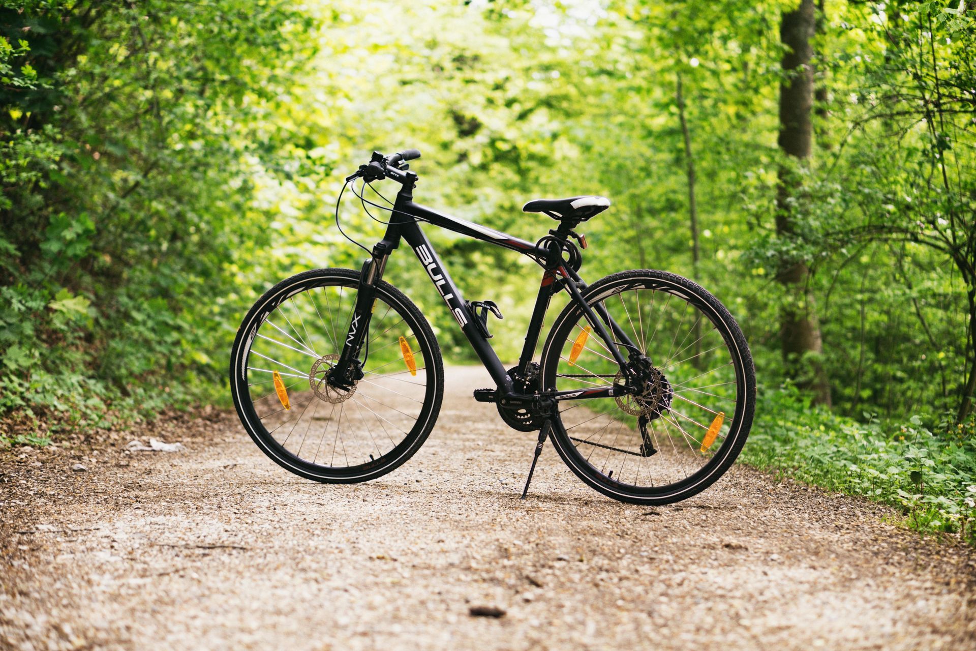 A bicycle is parked on a dirt road in the woods.