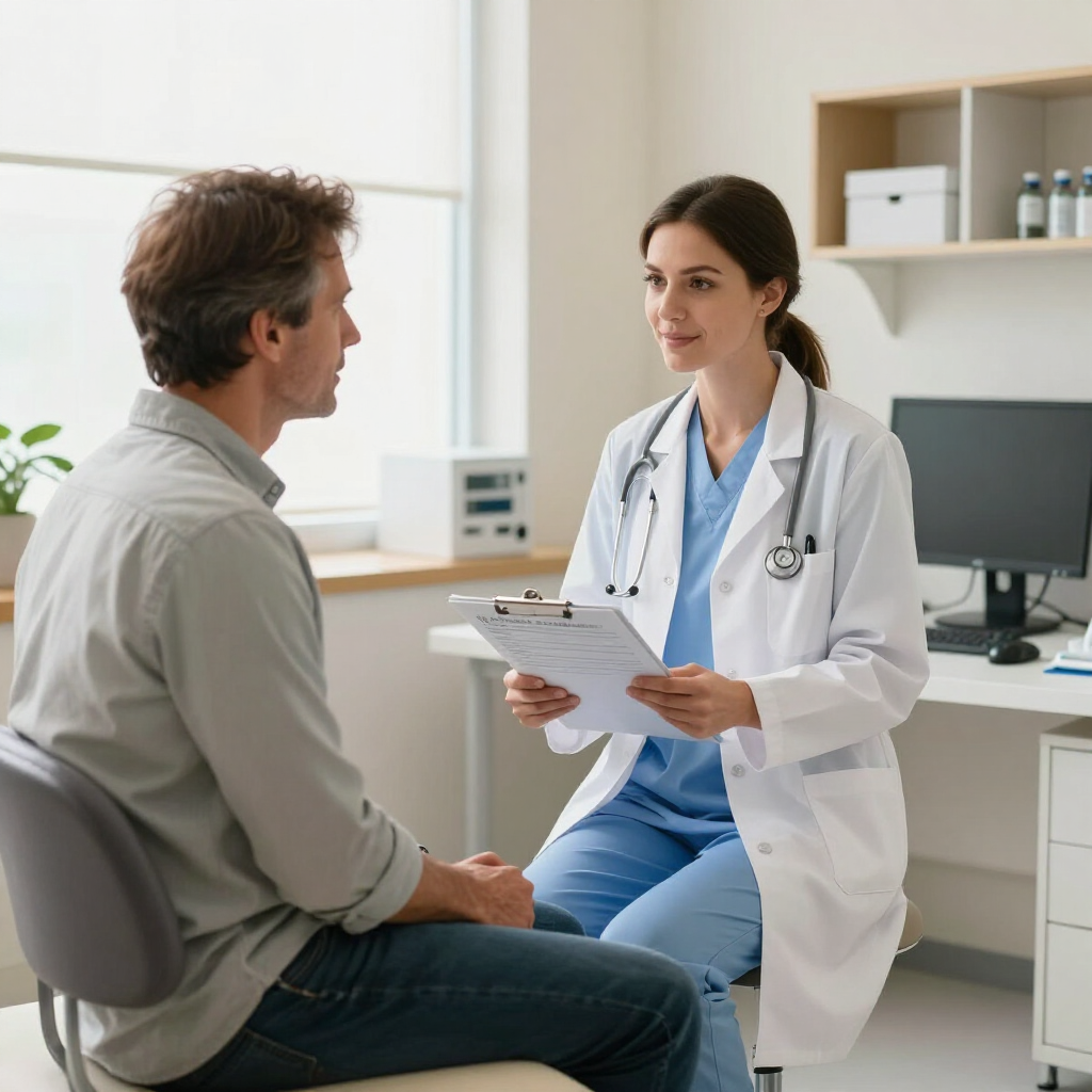 Professional discussing full body checkup results