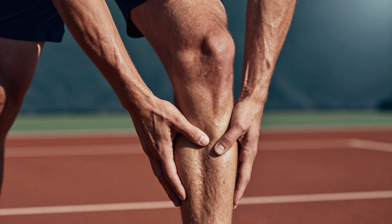Medical illustration of a calf muscle tear highlighting the gastrocnemius muscle.