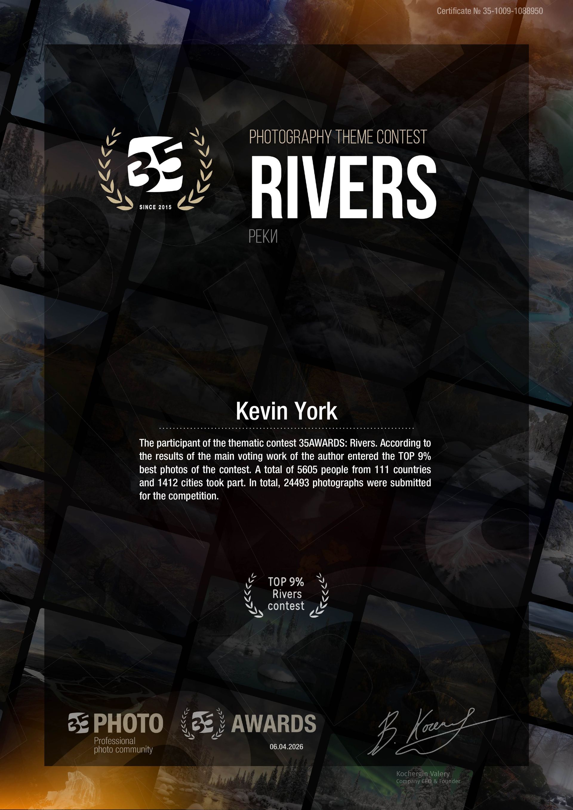 Black poster for “RIVERS” by Kevin York with a 35 Photo Awards logo and dark geometric background