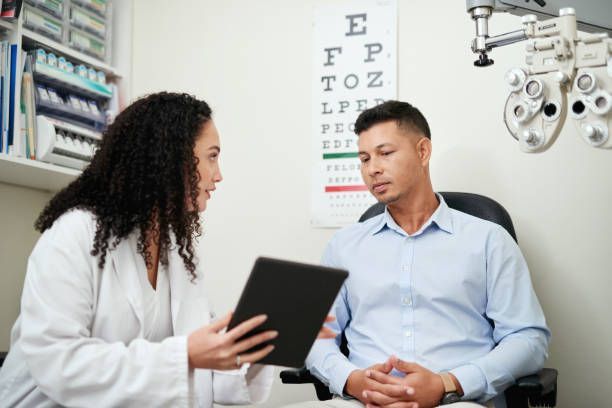 An eye doctor reviewing results on a tablet with a patient in an examination room.