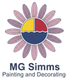 Logo for MG Simms Painting and Decorating: Flower with circle divided into yellow, red, and blue, with wavy line in blue section.