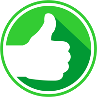 Thumbs up icon, white hand with a long shadow, green circle.