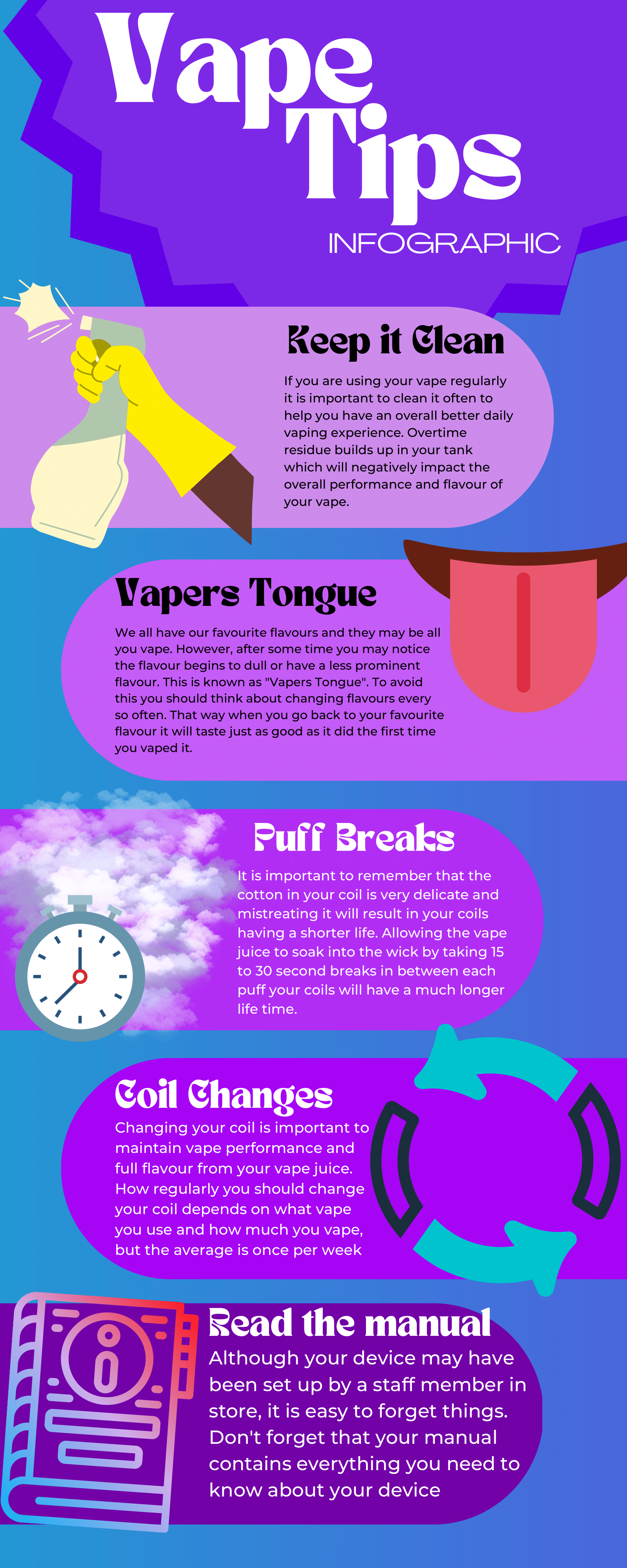 Vape Tips Infographic. Keep it clean. If you are using your vape regularly it is important to clean it often to help you have an overall better daily vaping experience. Overtime residue builds up in your tank which will negatively impact the overall performance and flavour of your vape. Vapers Tongue. We all have our favourite flavours and the may be all you vape. However, after some time you may notice the flavour begins to dull or have a less prominent flavour. This is known as 