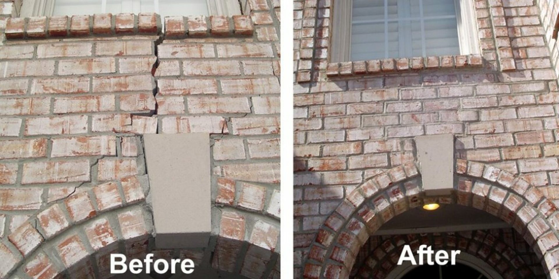 There is a before and after picture of a brick wall.