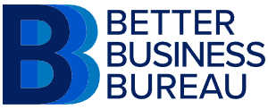 The Better Business Bureau logo featuring a stylized letter B in blue shades next to the company name in dark blue text.