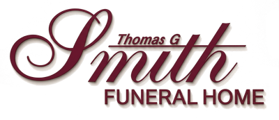 Logo for Thomas G. Smith Funeral Home, featuring the name in maroon cursive script with capitalized text below.