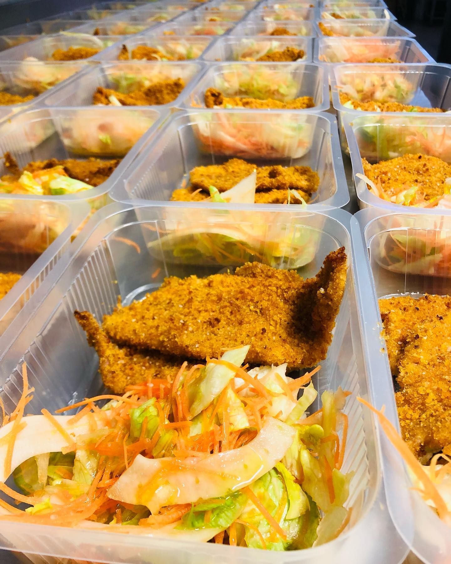 un mucchio di contenitori di plastica pieni di cibo .