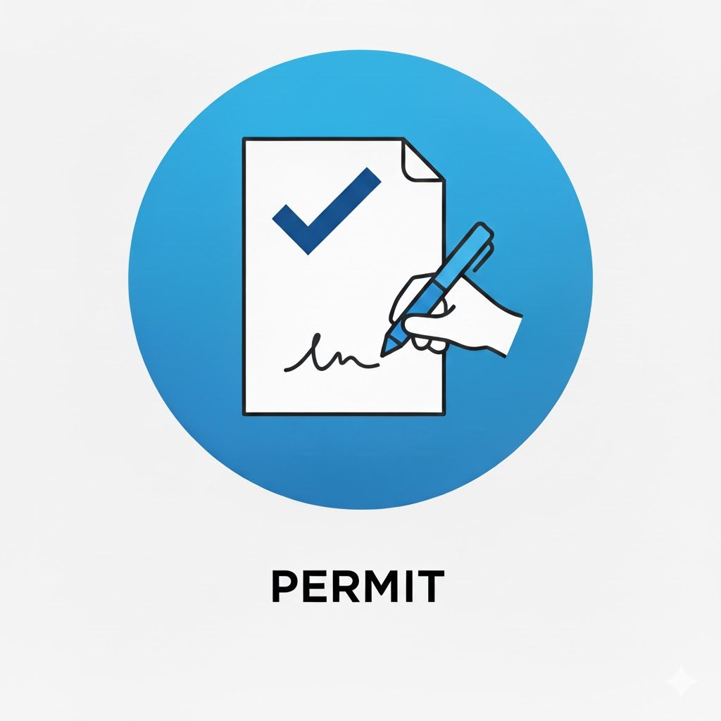 Blue circle with a paper, checkmark, hand signing with a pen; "PERMIT" text.