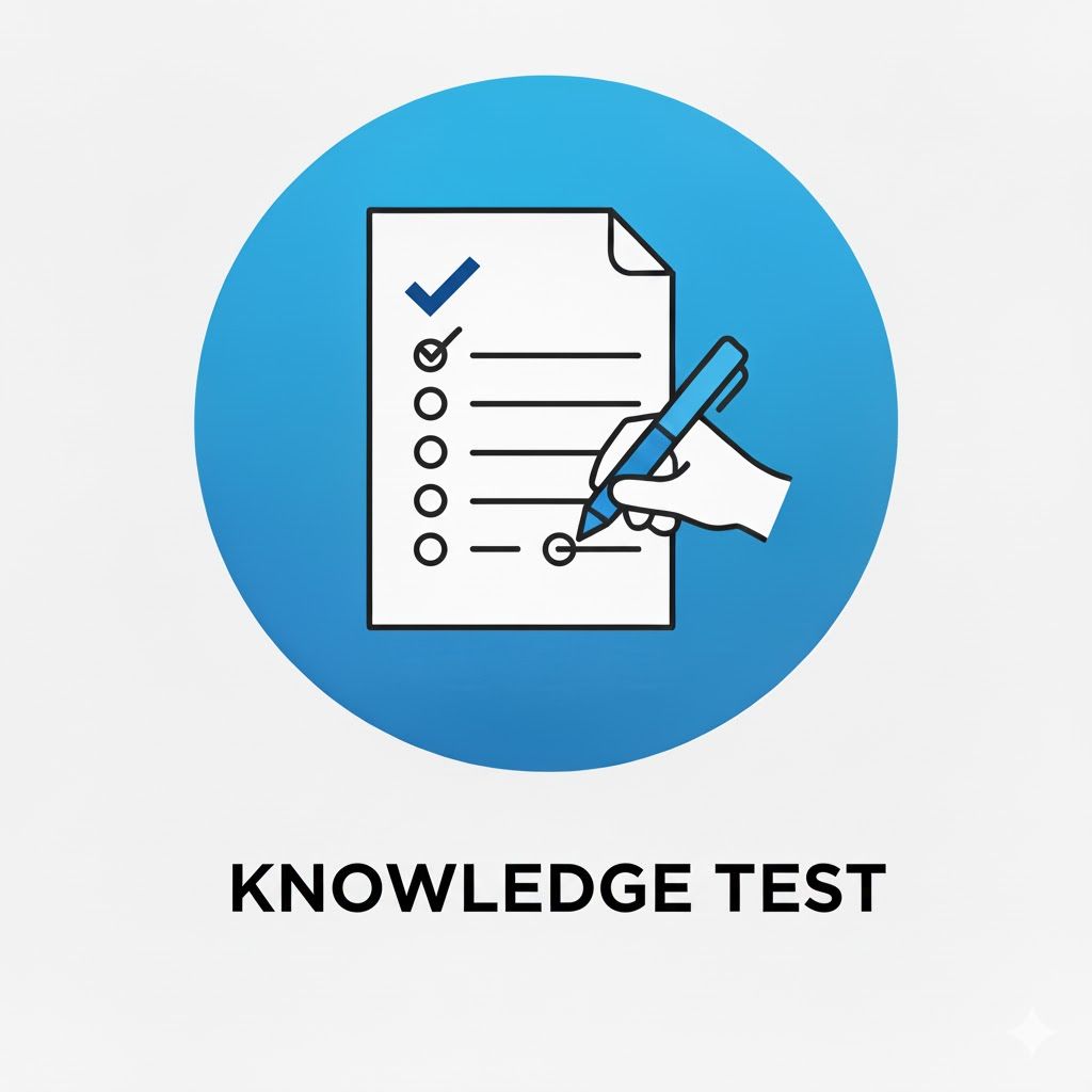 A checklist being marked by a pen, inside a blue circle, with "KNOWLEDGE TEST" below.
