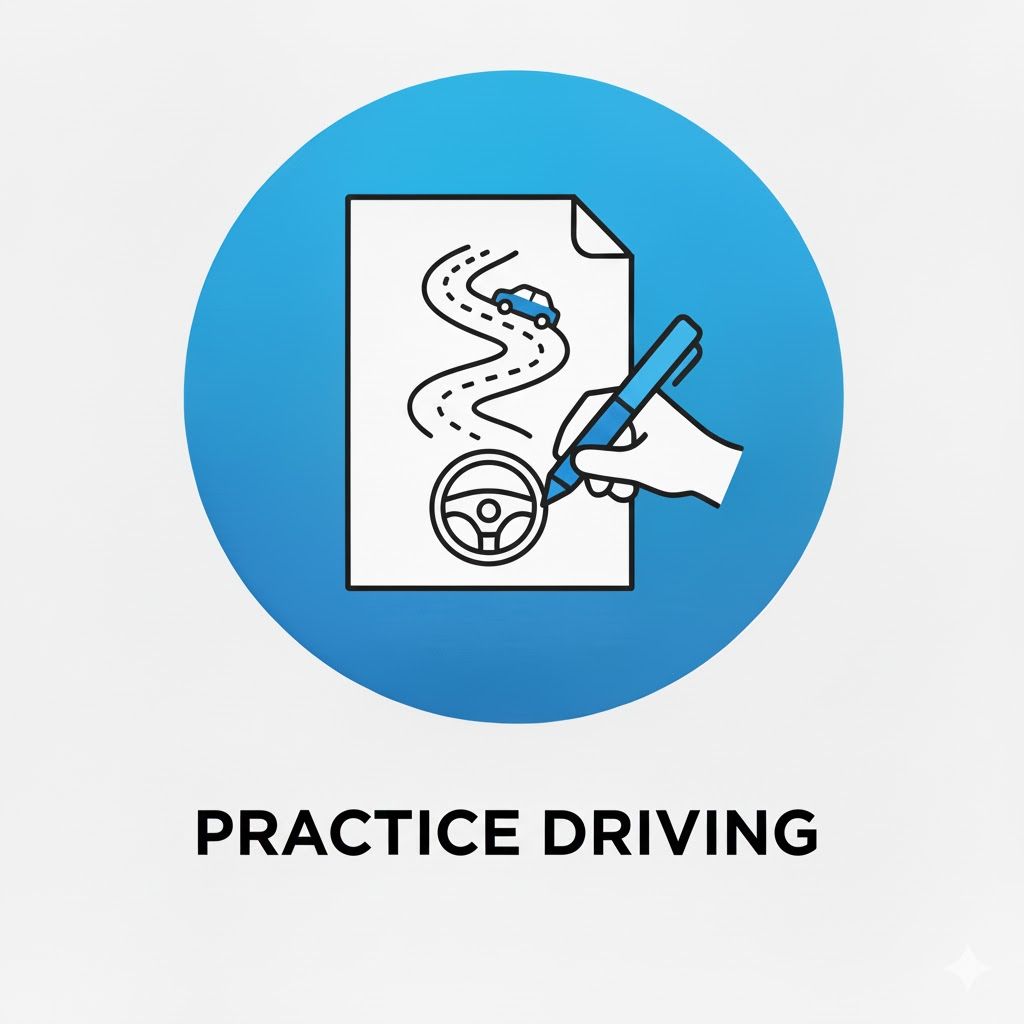 Hand drawing a road map with a car and steering wheel icon, blue circle, "Practice Driving".