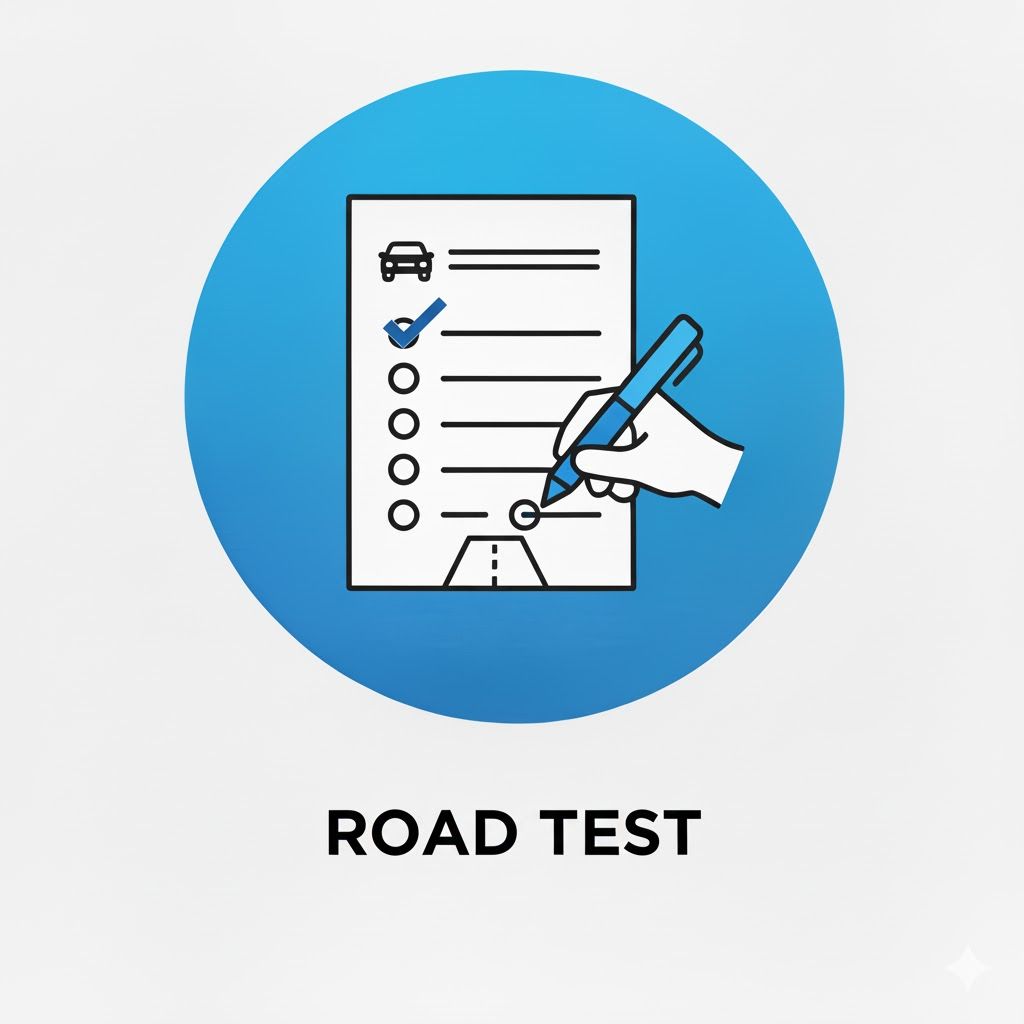 Blue circle with a road test checklist and hand holding pen.