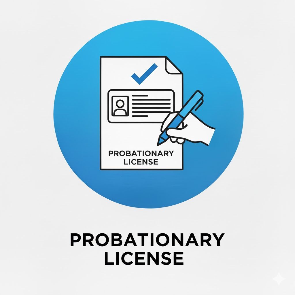 Probationary license document with check mark, pen signing, on blue circle.