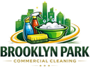 Brooklyn Park Commercial Cleaning logo featuring cleaning supplies and city skyline graphic.