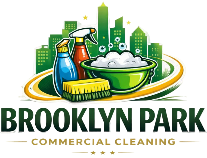 Brooklyn Park Commercial Cleaning logo featuring cleaning supplies and city skyline graphic.