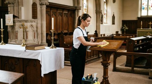 Man in overalls sweeps spacious organized warehouse with shelves of cardboard boxes in bright tidy atmosphere