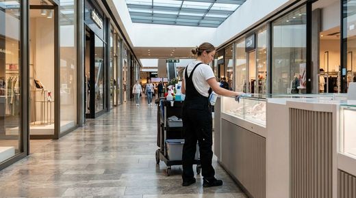 Cleaning staff wipes glass display case in bright shopping mall hallway with stores and shoppers nearby