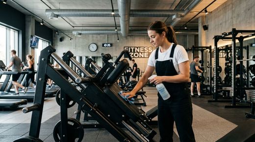 Woman cleans glass desk in bright car showroom with spray and cloth surrounded by parked cars