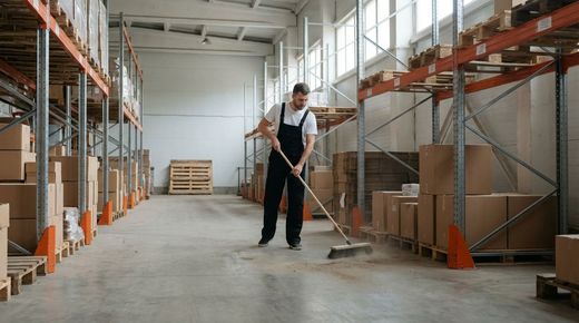 Man in overalls sweeps spacious organized warehouse with shelves of cardboard boxes in bright tidy atmosphere