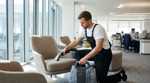 Man in overalls vacuums chair in bright modern office with large windows creating calm professional atmosphere