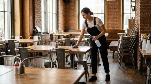 Person in overalls cleans wooden table in cozy rustic café with brick walls and large window