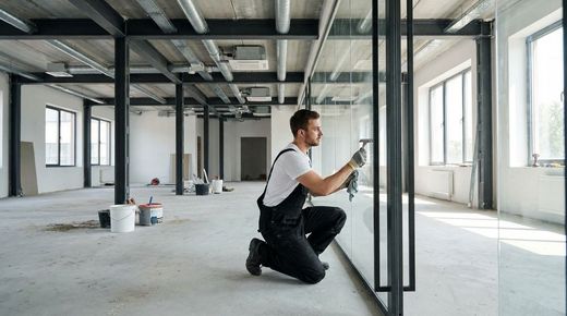 Person in work attire cleans large glass panels in spacious industrial room with light streaming through windows