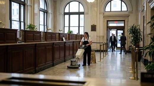 Person operates floor polisher in grand marble bank lobby with arched windows polished counters and people nearby