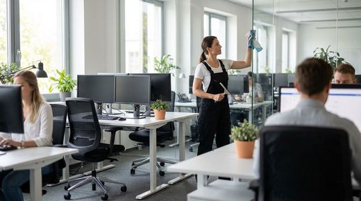 Professional cleaner in overalls cleans glass wall in modern office as colleagues work nearby focused.