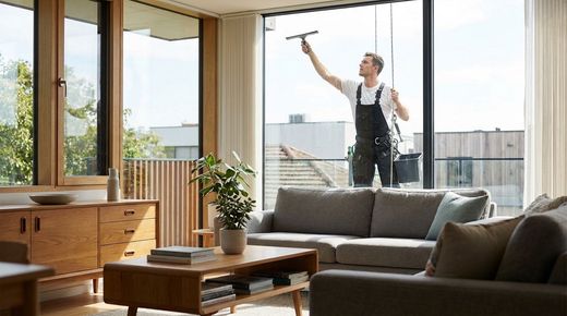 Window cleaner cleans large modern living room windows revealing bright interior with sleek furniture and green views