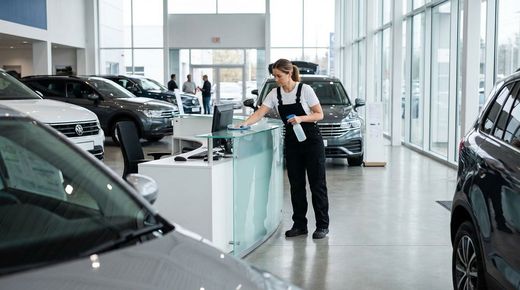 Woman cleans glass desk in bright car showroom with spray and cloth surrounded by parked cars