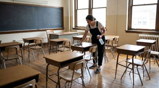 Woman cleans wooden desk in empty classroom with blackboard wooden floors and large windows creating orderly atmosphere