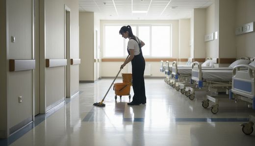 Woman in uniform mops shiny hospital corridor floor lined with empty beds creating calm orderly atmosphere