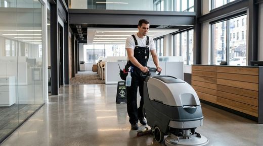 Worker in white shirt and black overalls uses floor scrubber in bright modern office with glass partitions and wooden accents