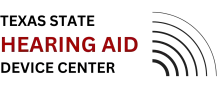 Texas State Hearing Aid Device Center logo with black and red text and sound wave arcs