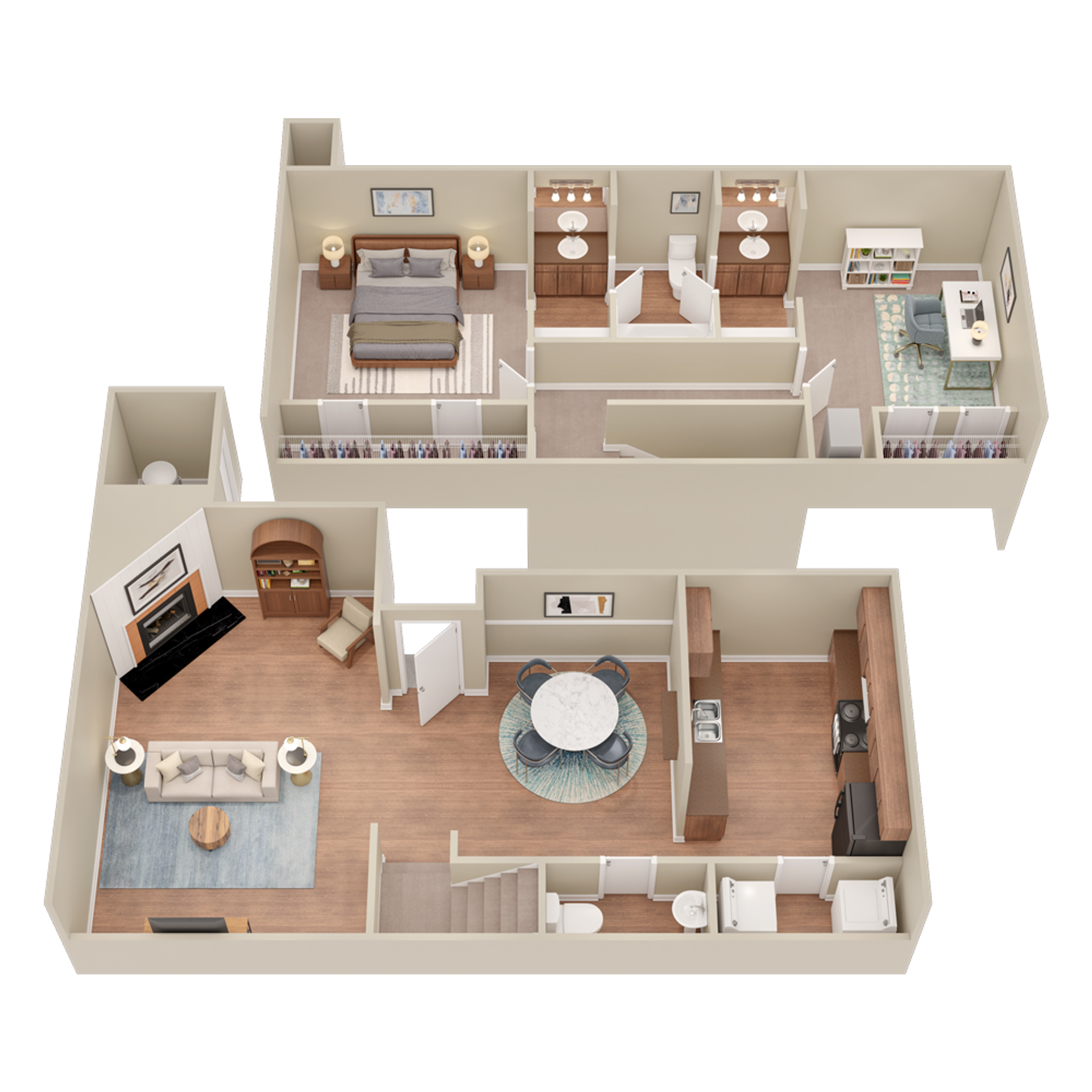 A 3d floor plan of a house with a living room , bedroom , and bathroom.