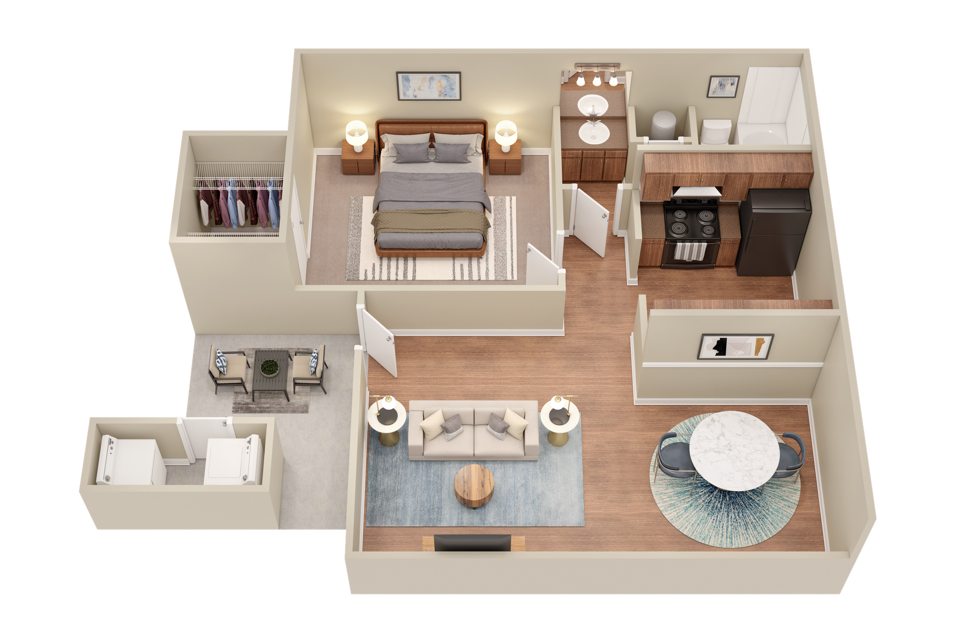 A 3d floor plan of a small apartment with a bedroom , living room , dining room , and kitchen.