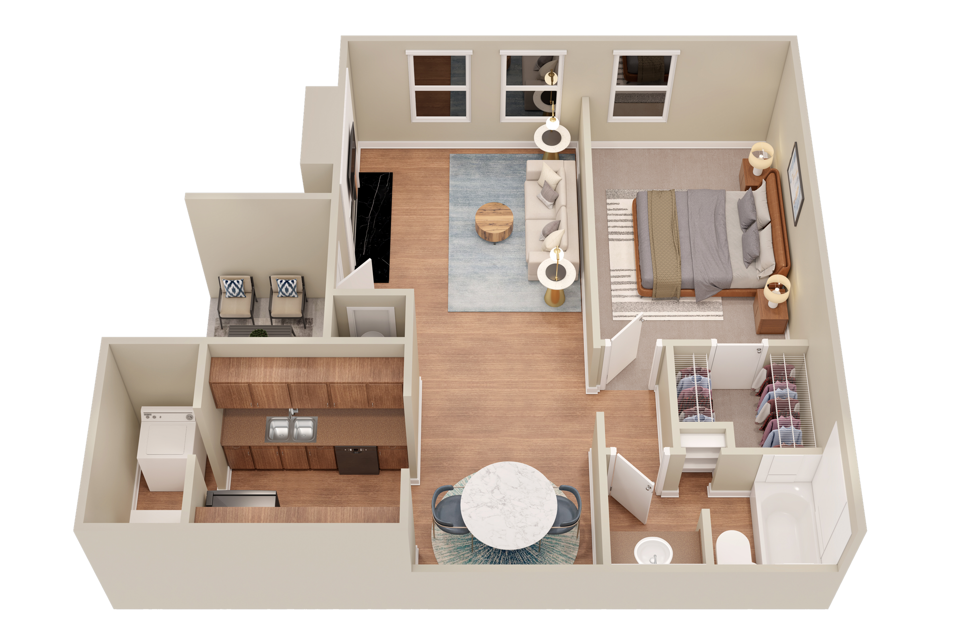 A 3d floor plan of a small apartment with a bedroom , living room , dining room , and bathroom.