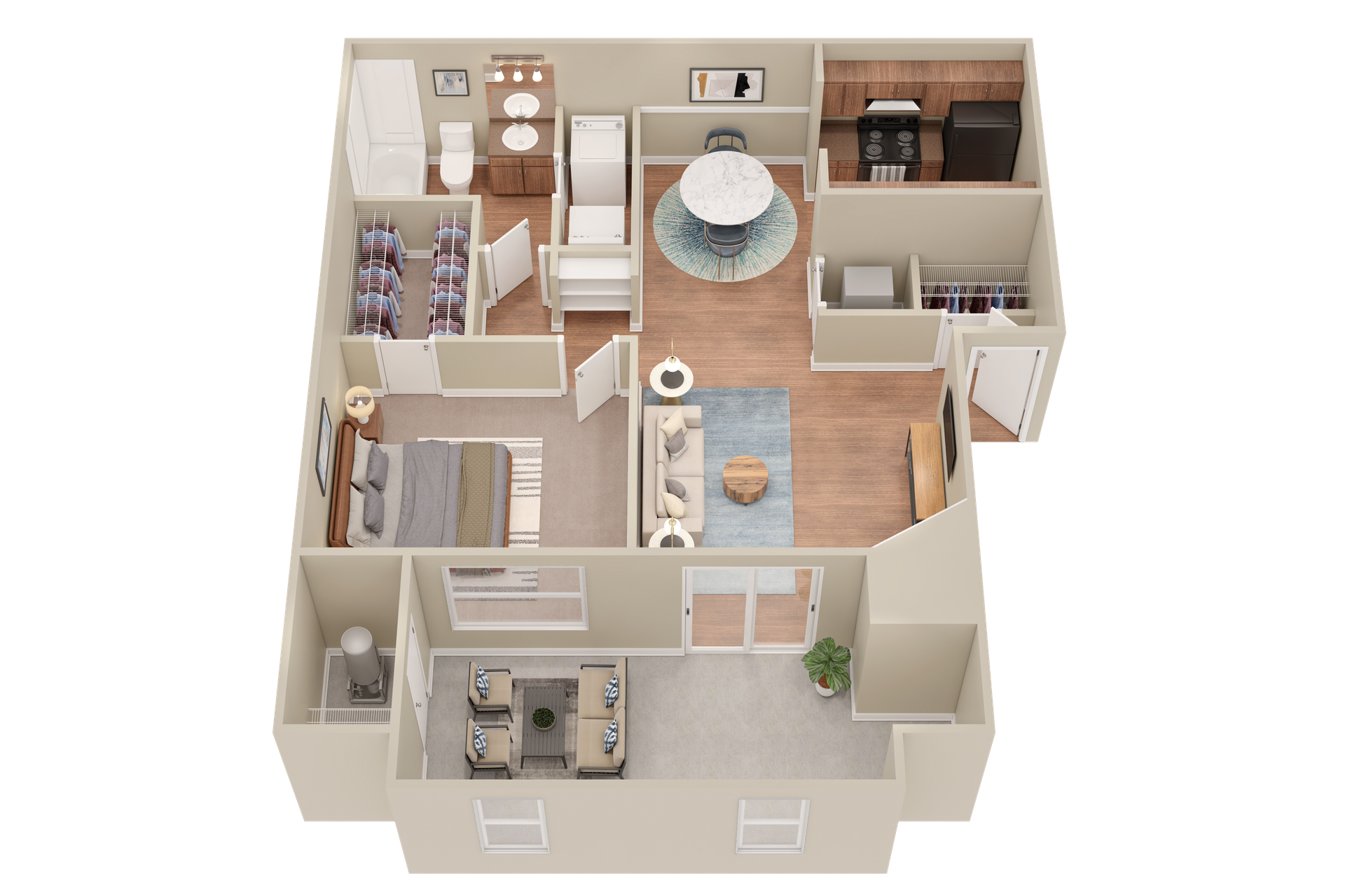 A 3d floor plan of a house with a bedroom , living room , dining room , and bathroom.