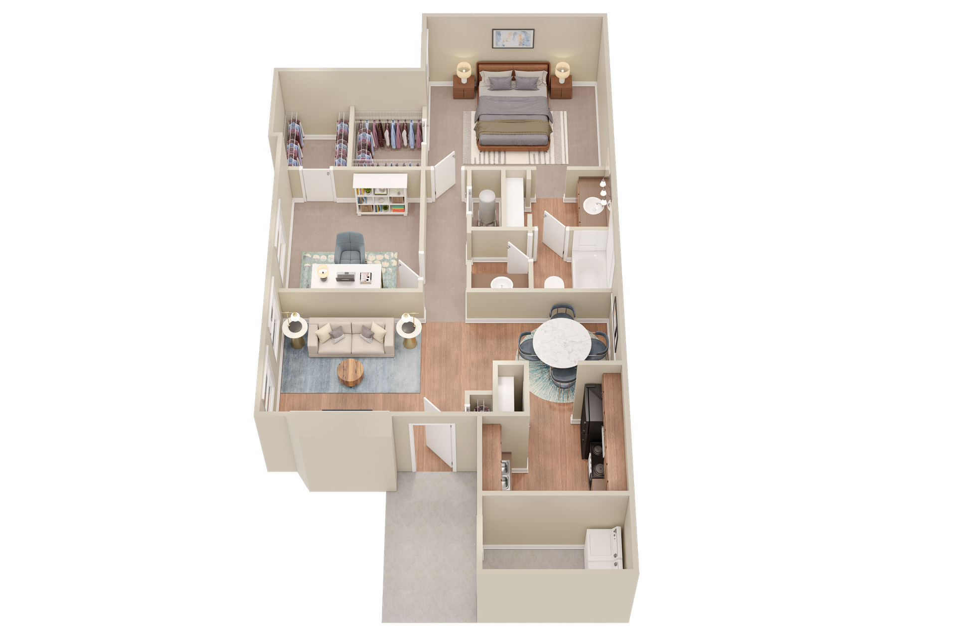A 3d floor plan of a house with a bedroom , living room , dining room , and bathroom.
