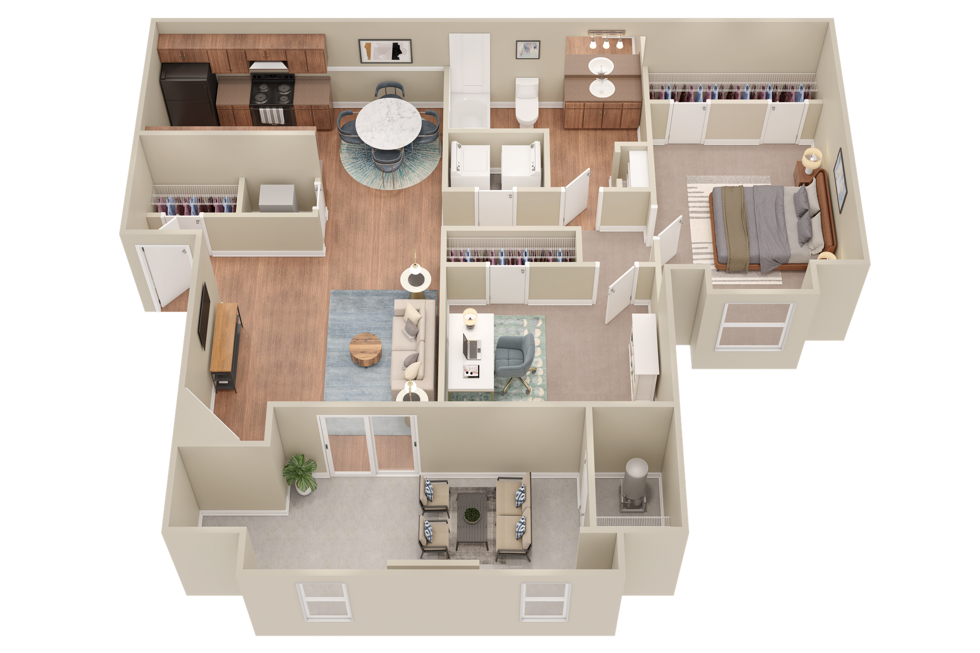 A 3d floor plan of a house with a dining room , living room , and kitchen.