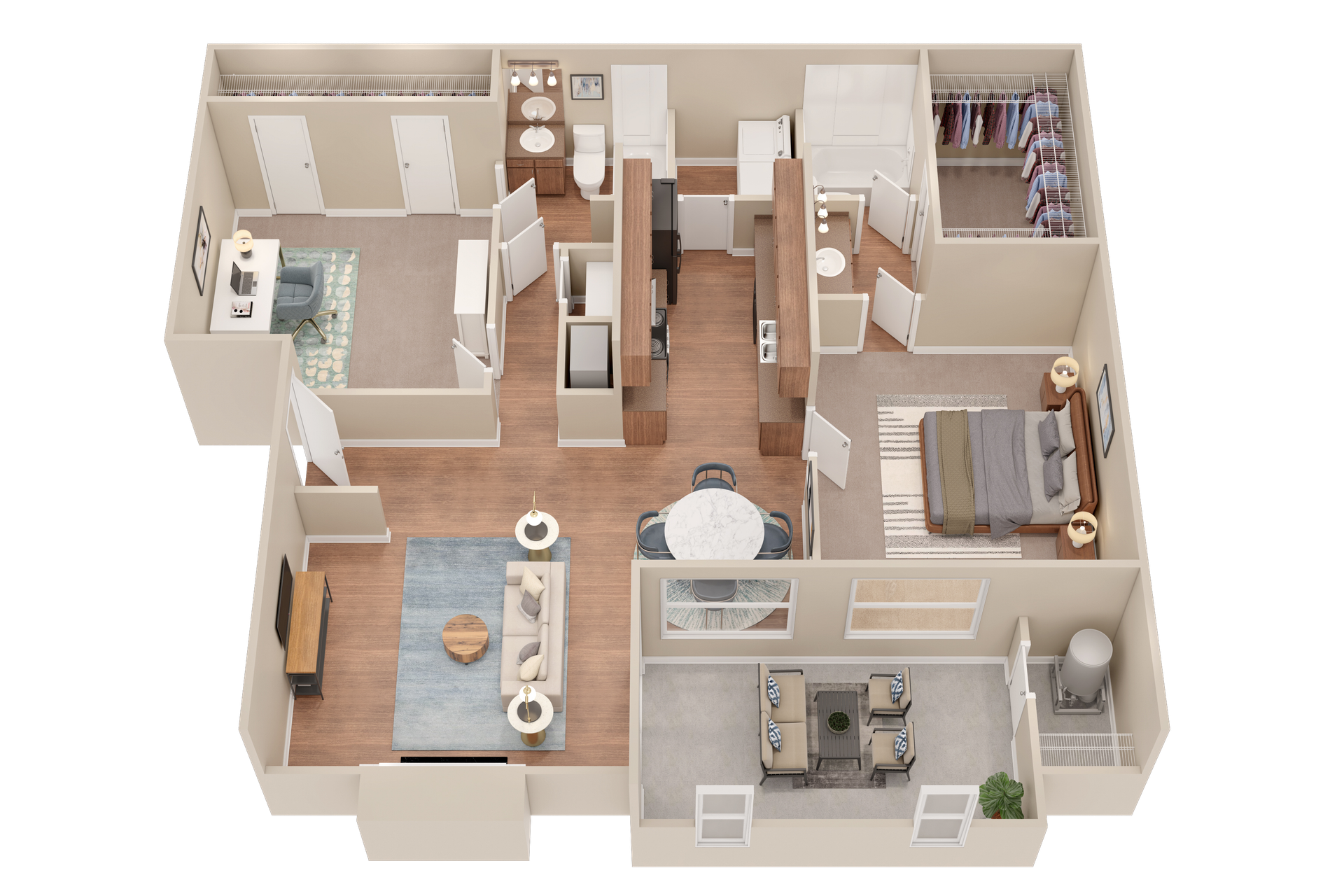 A 3d floor plan of a house with a bedroom , living room , dining room , and kitchen.