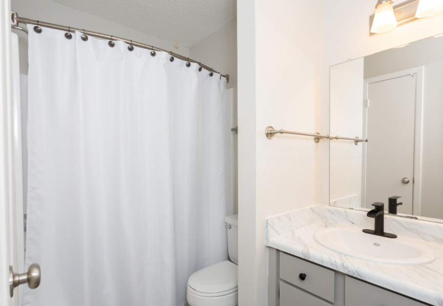 A bathroom with a toilet , sink , mirror and shower curtain.