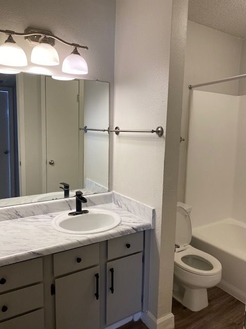 A bathroom with a toilet a sink and a mirror