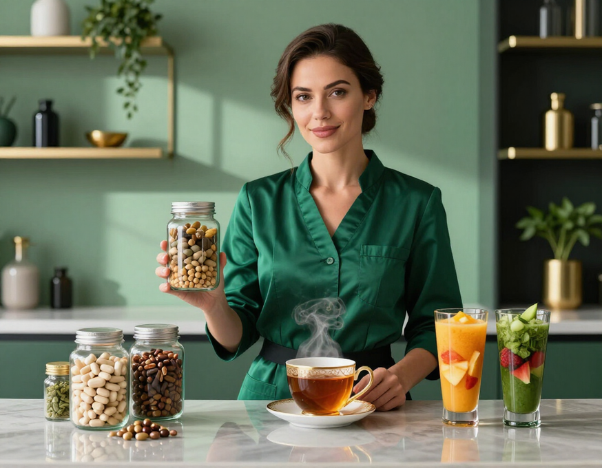 Especialista en bienestar presentando productos naturales